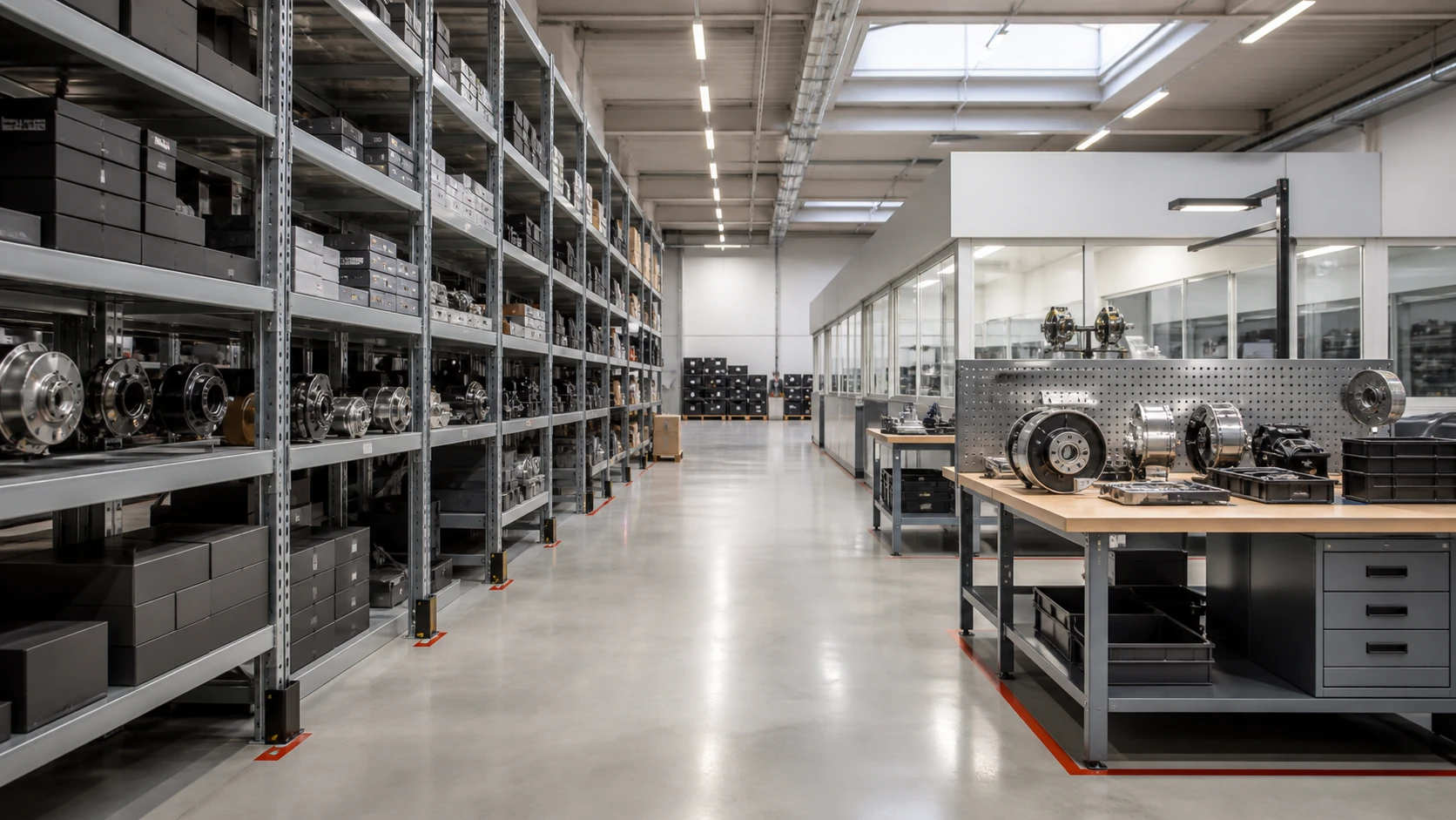 Automotive parts shelving and workshop interior