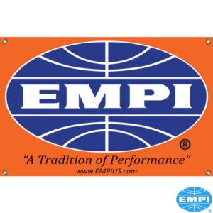 EMPI banner with eyelets, 36"x24", orange vinyl with printed blue and white oval