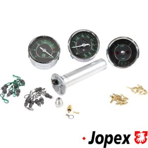 Porsche 356 dashboard gauges replica set, fuel, temperature, speedometer 200 km/h and tachometer. Voltage must be above 13.7 Volt