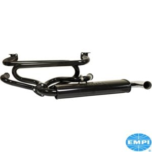 Exhaust system, Empi Premium, Single Quiet, with one tail pipe. Including gaskets, stainless steel bolts and copper nuts. Made of steel with black paint, tail pipe chromed
