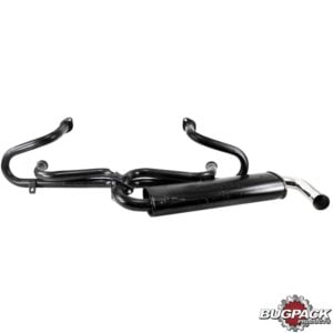 Exhaust system, Single Quiet, 1 3/8" tubing, small 3-bolt flange, with one tail pipe. Made of steel with black paint, tail pipe chromed